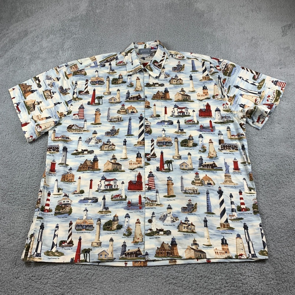 Vintage High Seas Shirt Mens 3XL White Famous Lighthouses Button Up‎ Made In USA